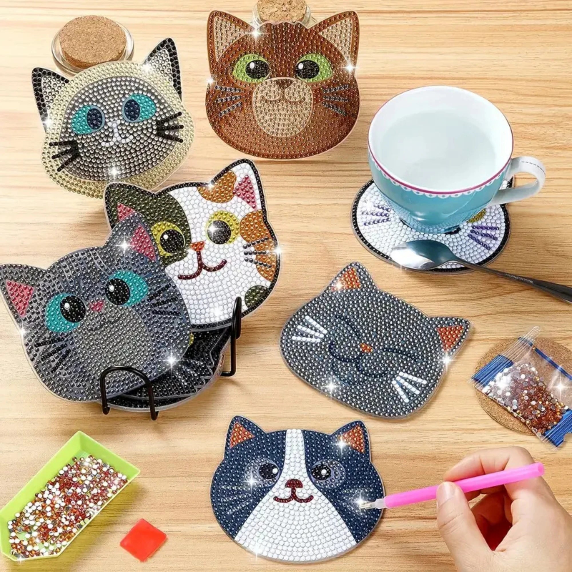 10PCS DIY Diamond Painting Cat Coaster Set