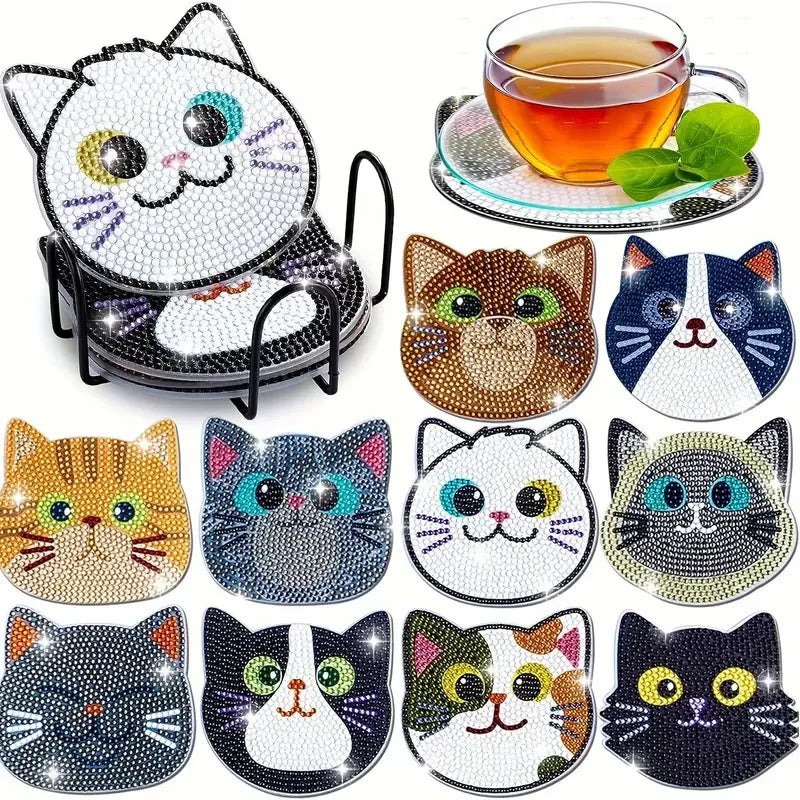 10PCS DIY Diamond Painting Cat Coaster Set