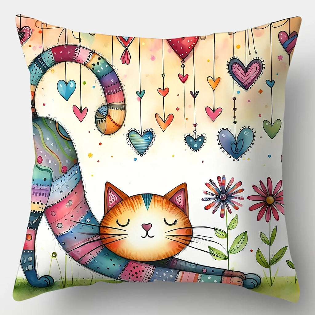 4 Pcs Hearts And Whiskers Printed Cushion Covers Pack
