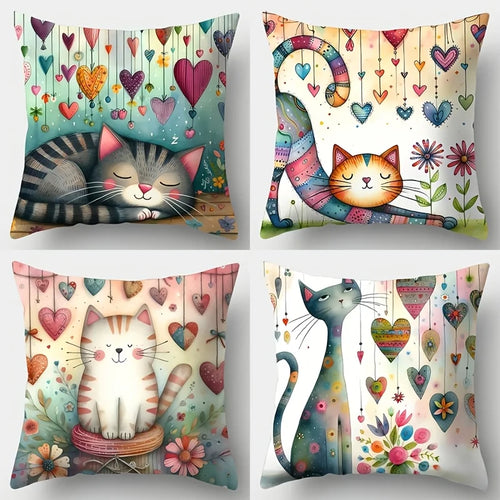 4 Pcs Hearts And Whiskers Printed Cushion Covers Pack