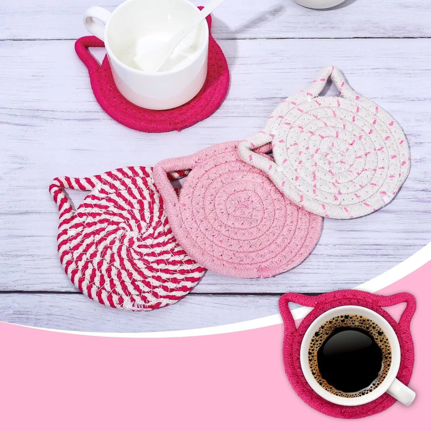 4PCS Handmade Braided Cat Ear Absorbent Cotton Coasters Set
