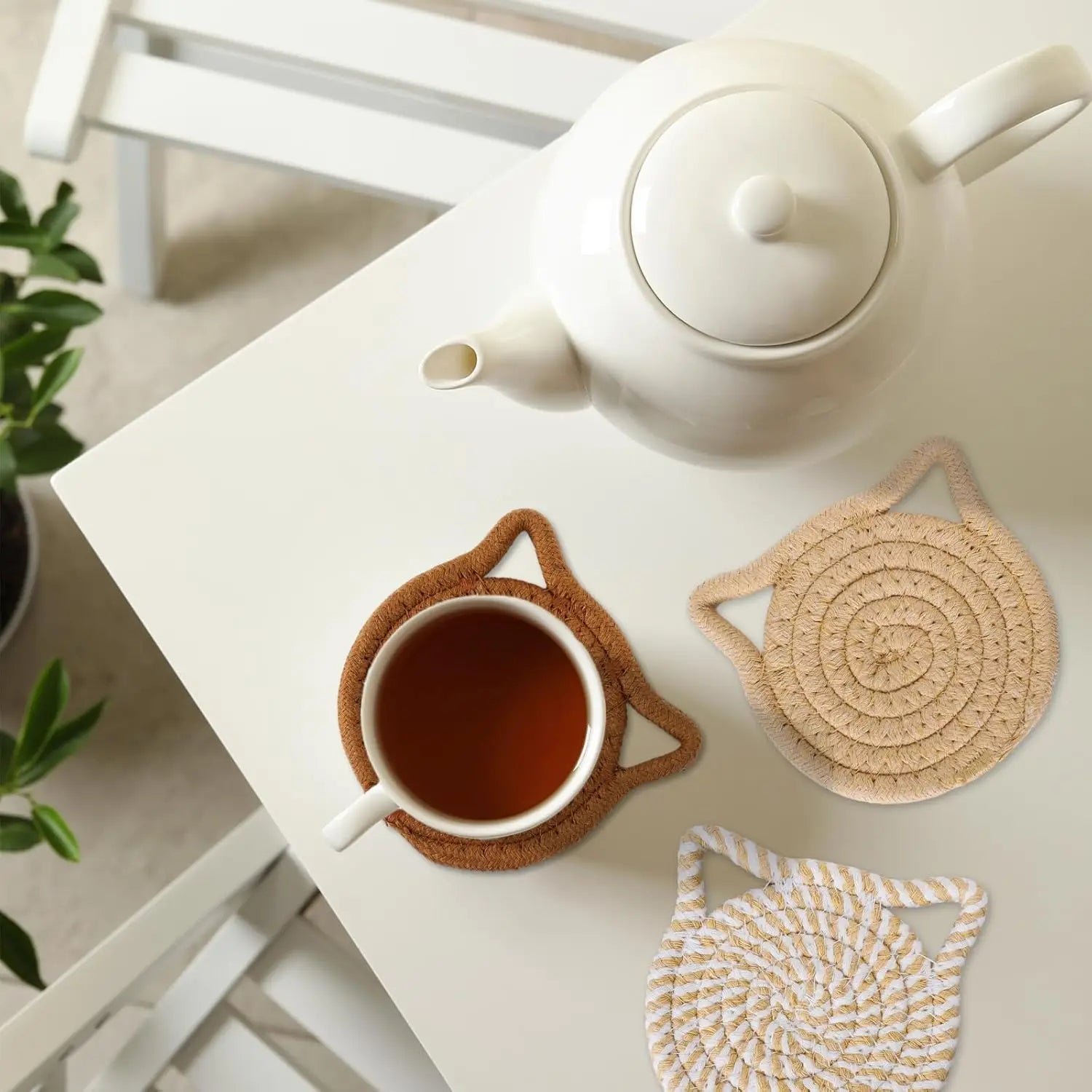 4PCS Handmade Braided Cat Ear Absorbent Cotton Coasters Set
