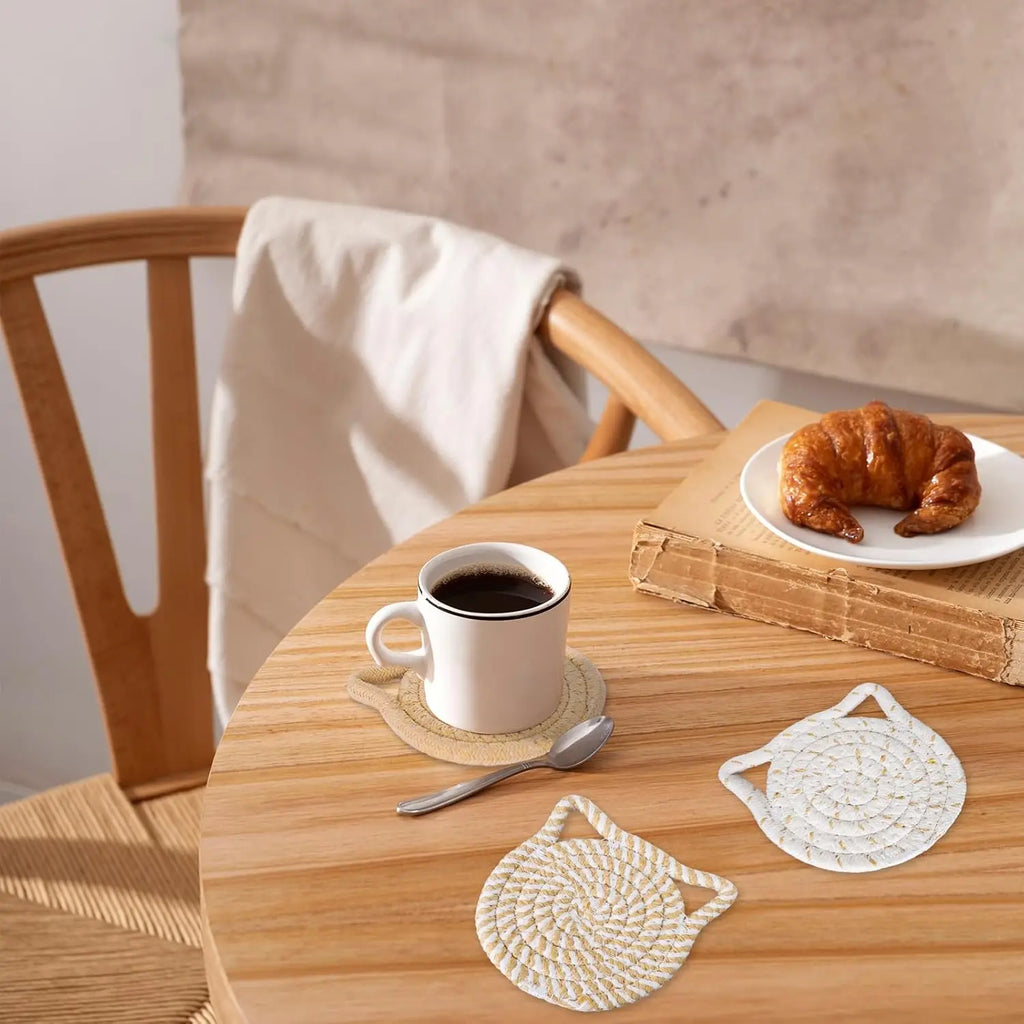 4PCS Handmade Braided Cat Ear Absorbent Cotton Coasters Set