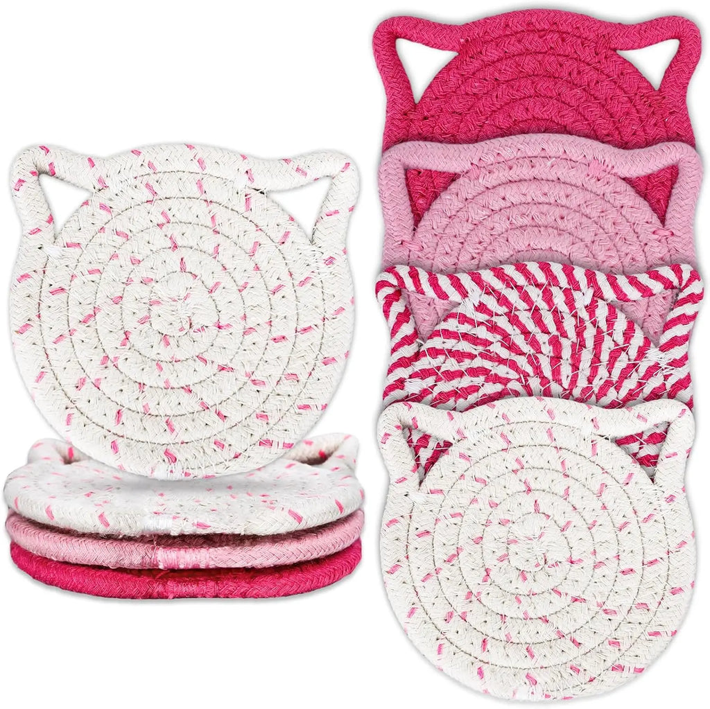 4PCS Handmade Braided Cat Ear Absorbent Cotton Coasters Set