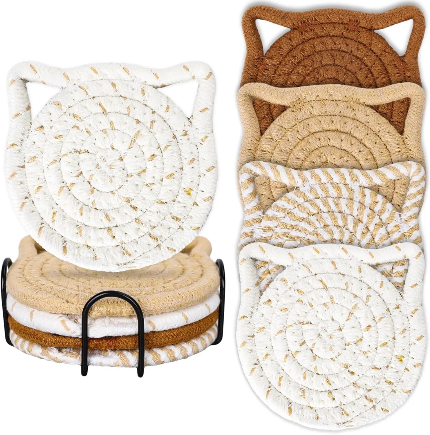 4PCS Handmade Braided Cat Ear Absorbent Cotton Coasters Set