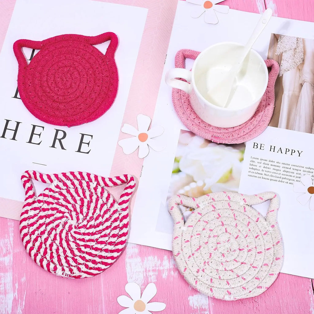 4PCS Handmade Braided Cat Ear Absorbent Cotton Coasters Set