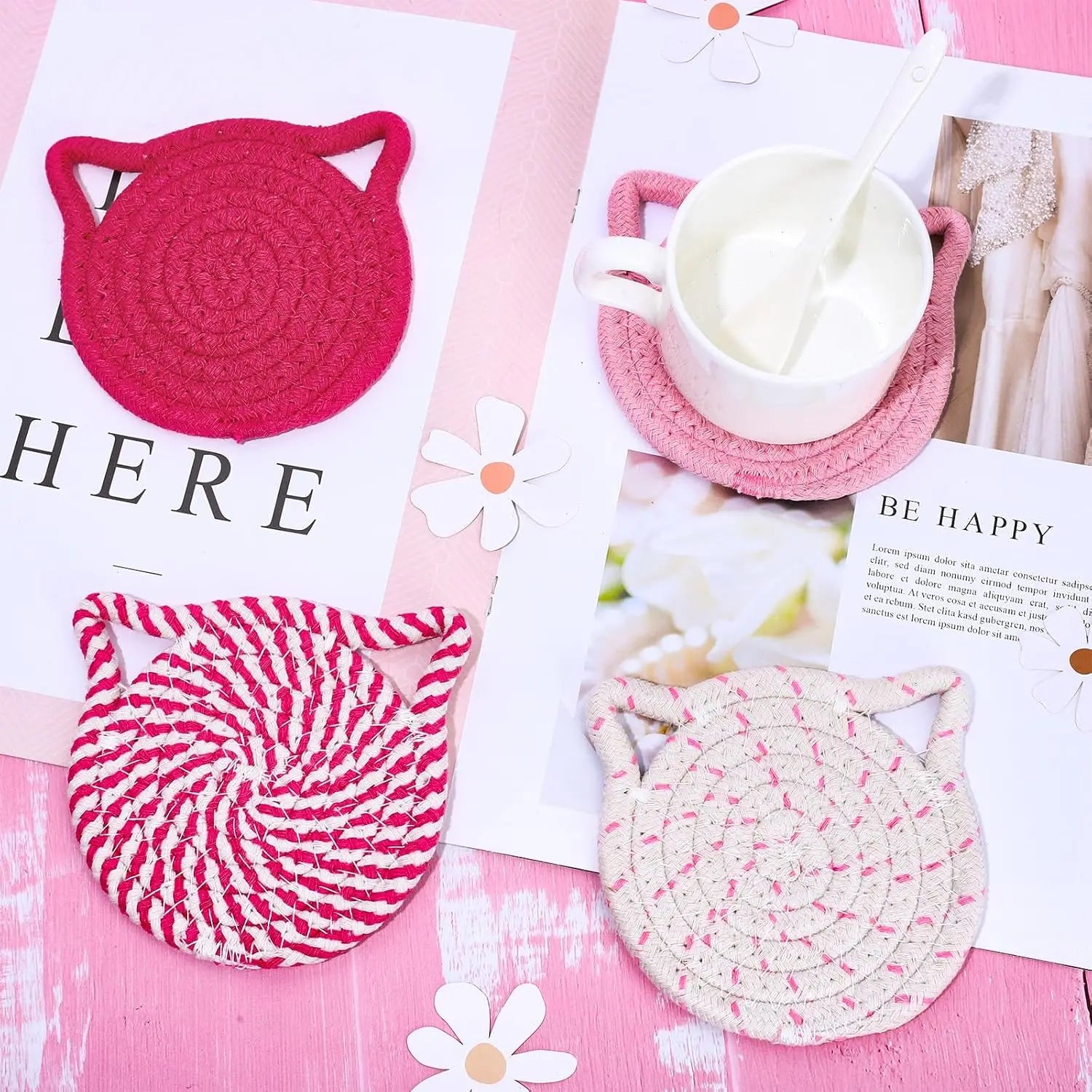 4PCS Handmade Braided Cat Ear Absorbent Cotton Coasters Set