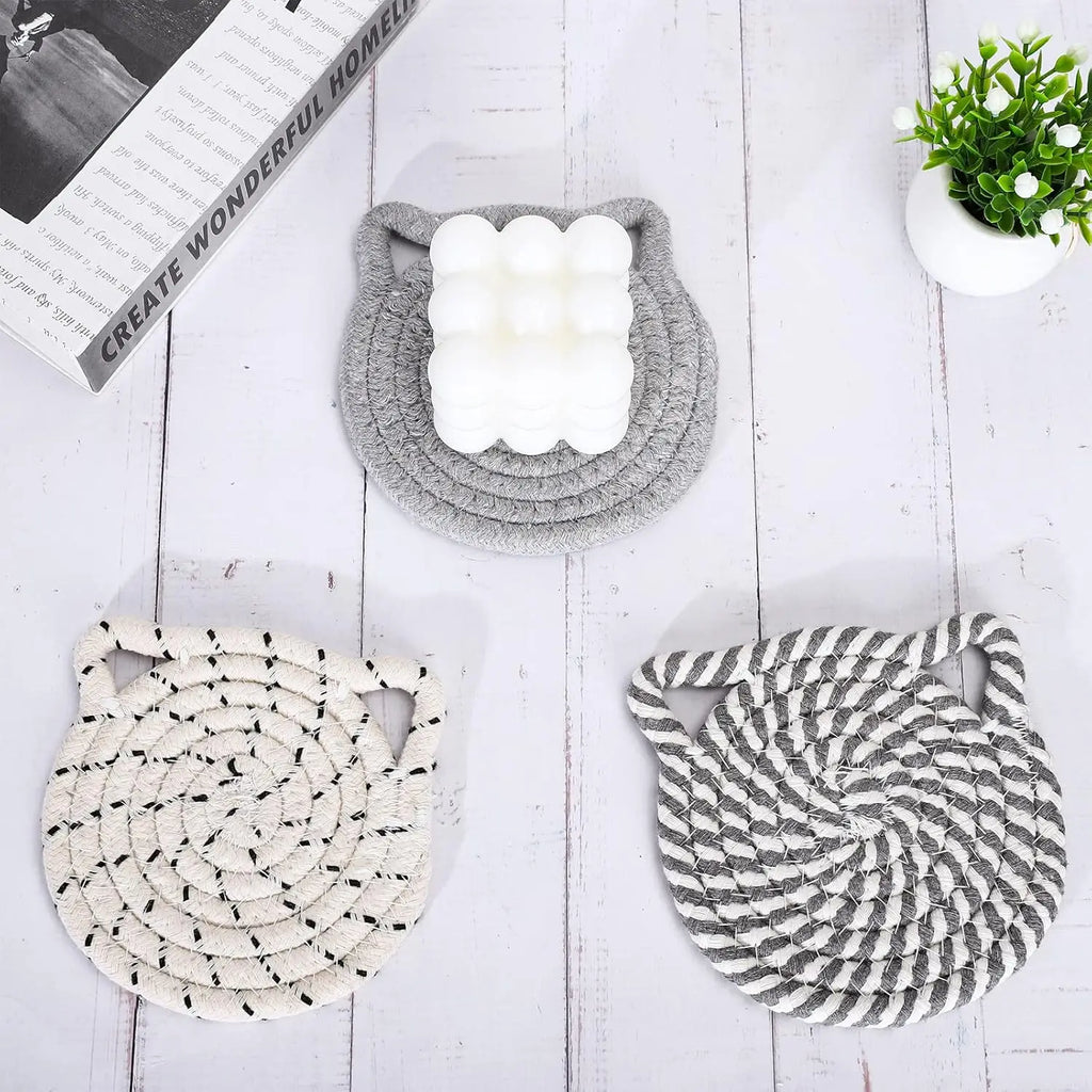 4PCS Handmade Braided Cat Ear Absorbent Cotton Coasters Set