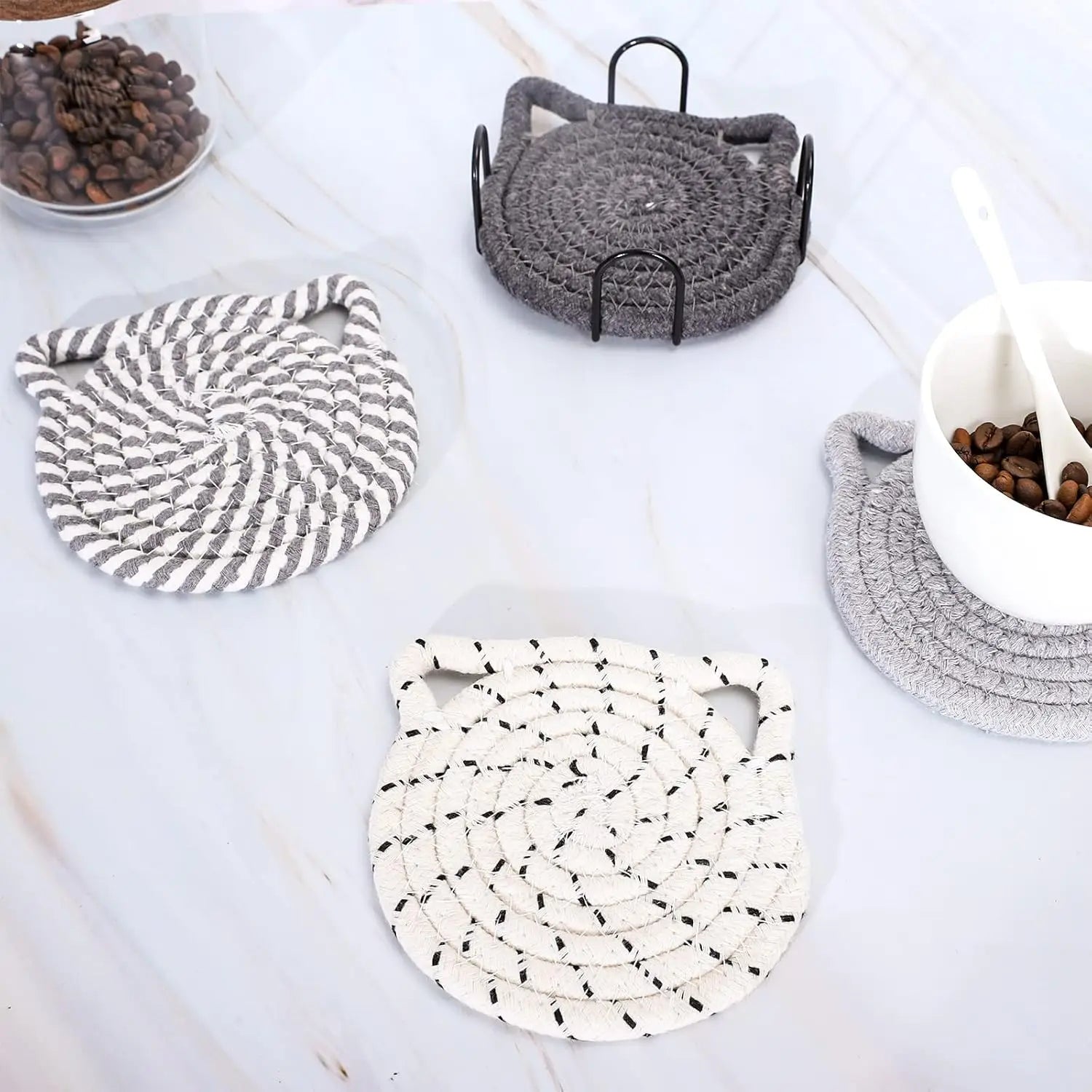 4PCS Handmade Braided Cat Ear Absorbent Cotton Coasters Set