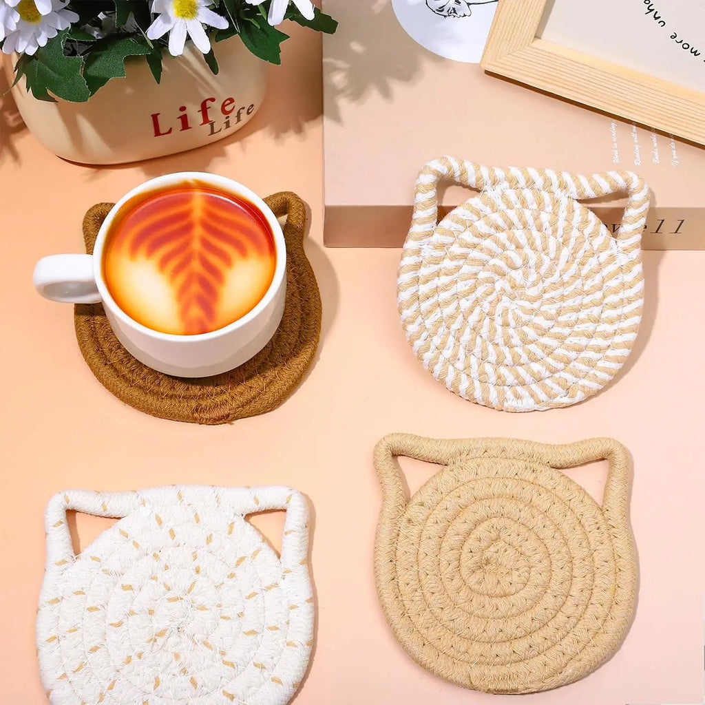 4PCS Handmade Braided Cat Ear Absorbent Cotton Coasters Set