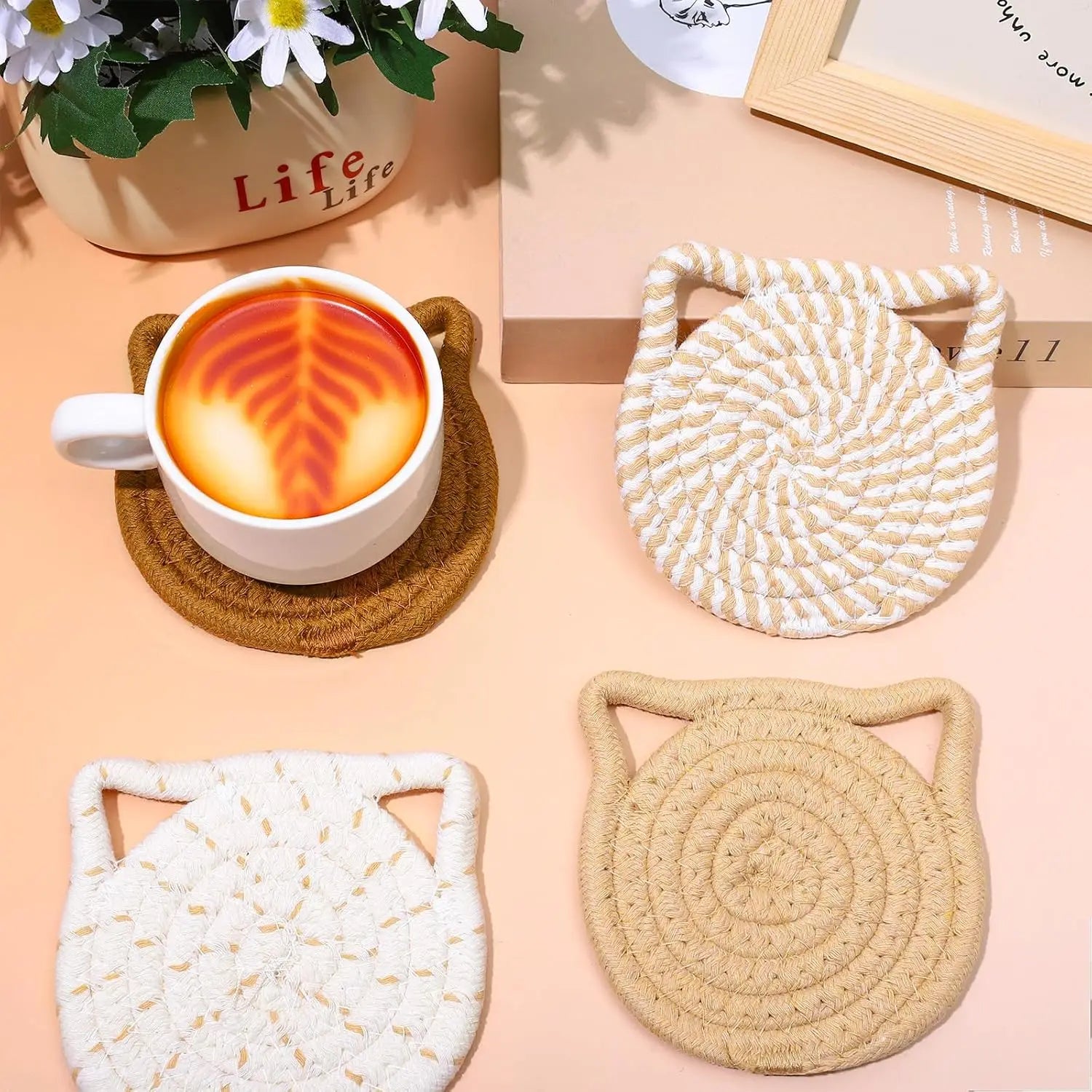 4PCS Handmade Braided Cat Ear Absorbent Cotton Coasters Set