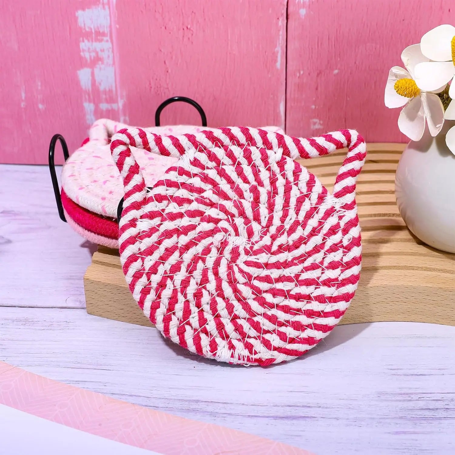 4PCS Handmade Braided Cat Ear Absorbent Cotton Coasters Set