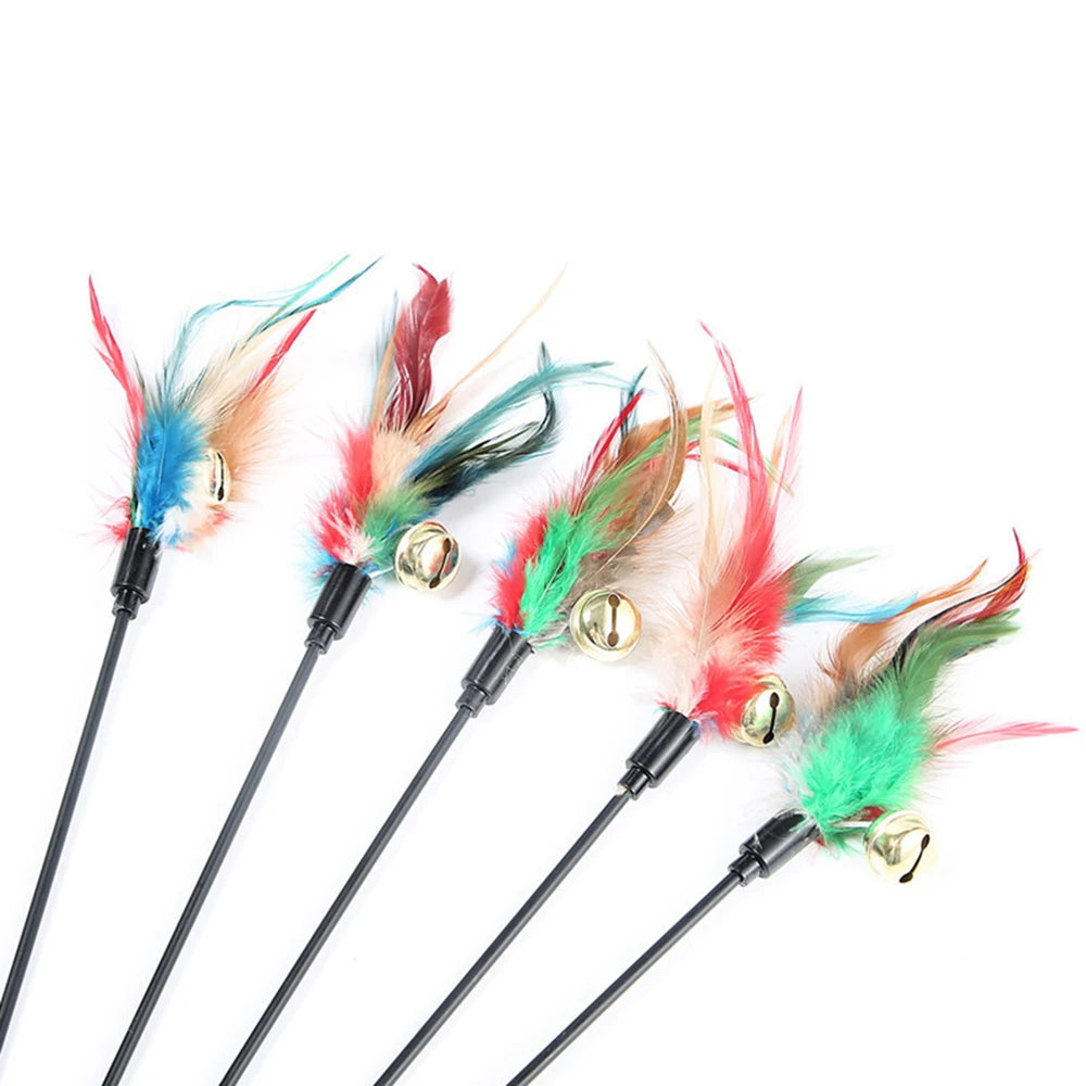 5 Pcs Interactive Colorful Cat Teaser Feather Wand Set with Bell