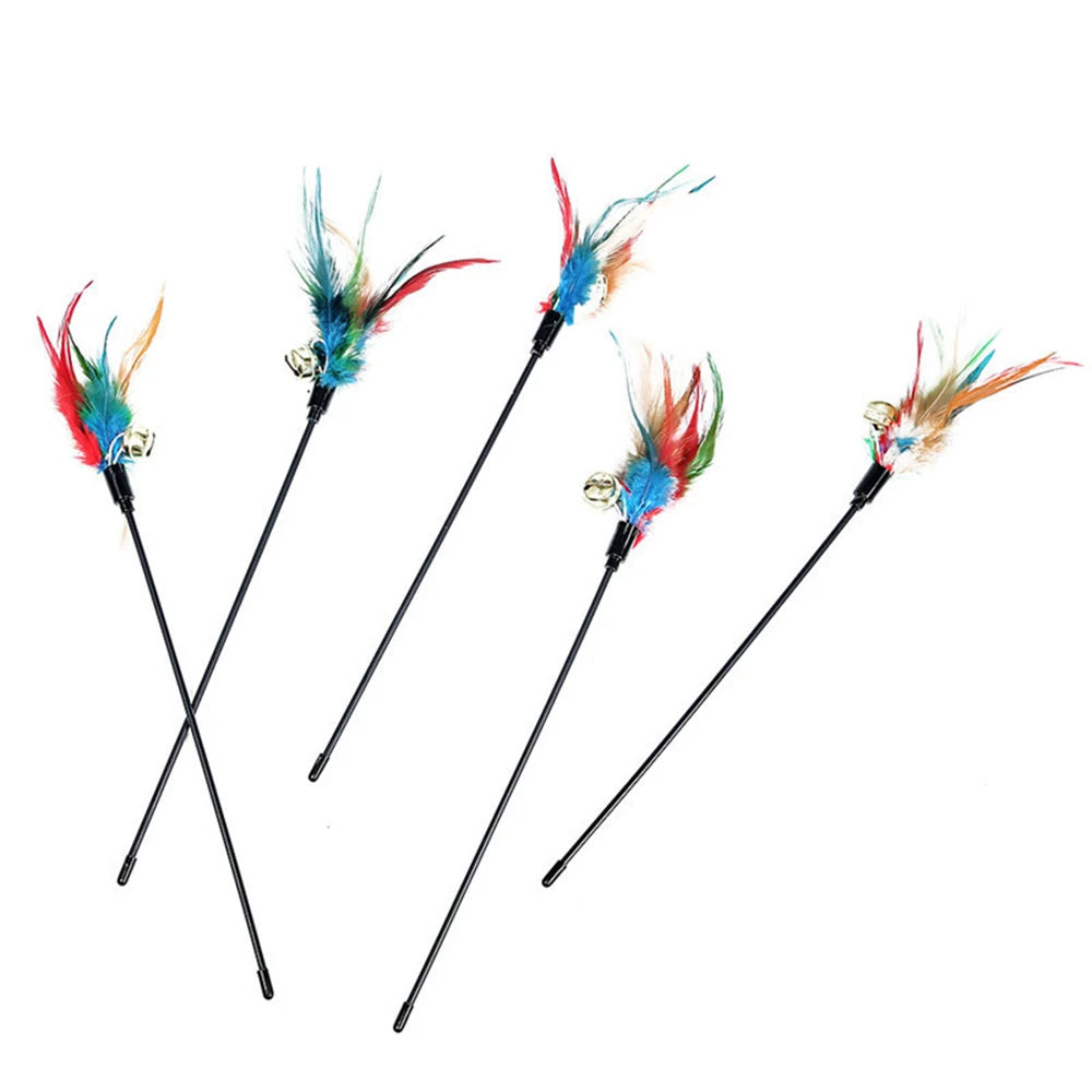 5 Pcs Interactive Colorful Cat Teaser Feather Wand Set with Bell