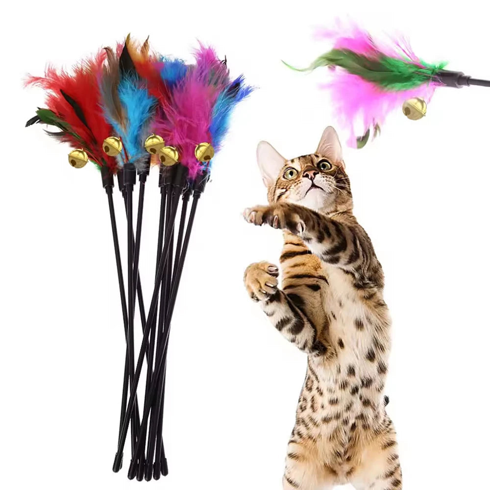 5 Pcs Interactive Colorful Cat Teaser Feather Wand Set with Bell