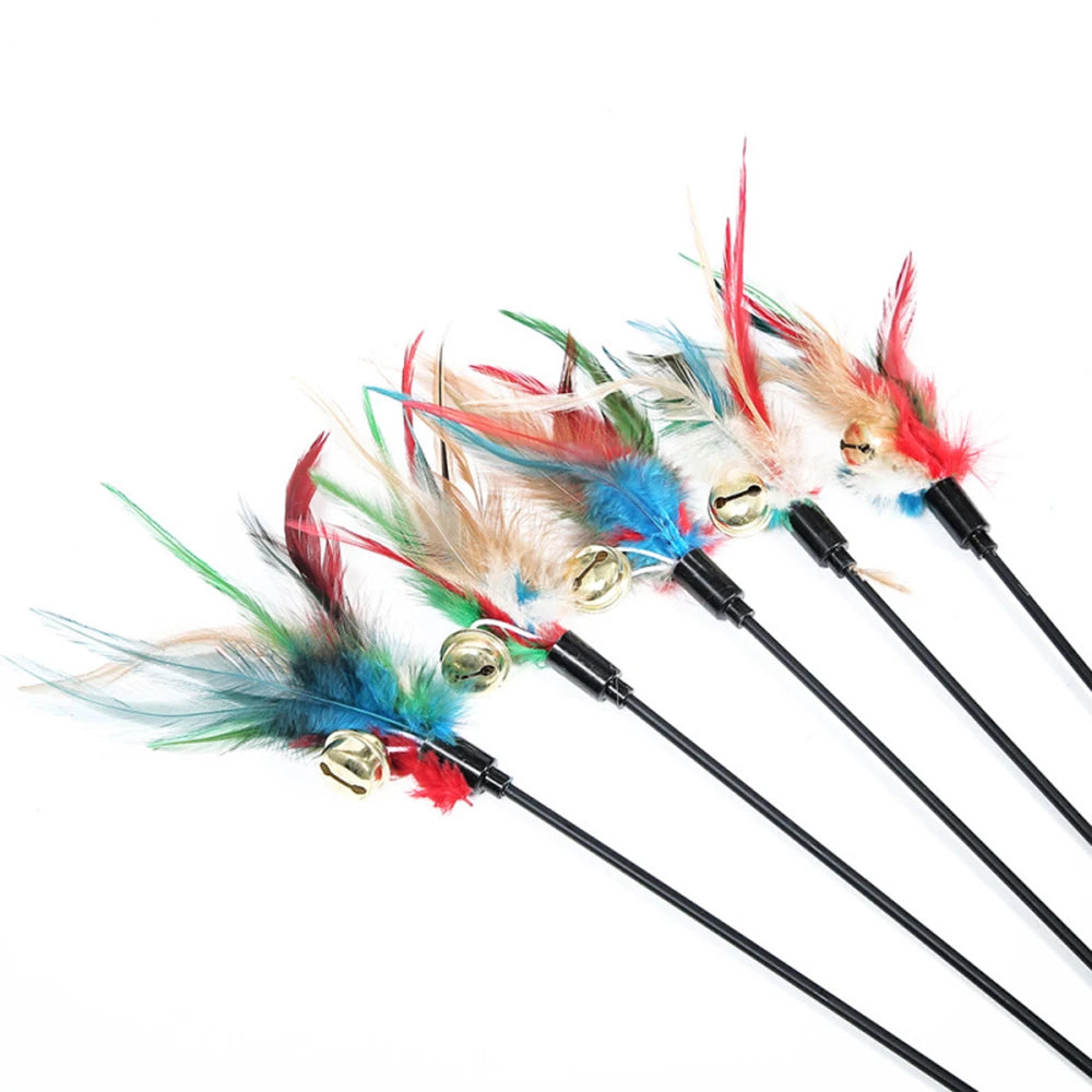 5 Pcs Interactive Colorful Cat Teaser Feather Wand Set with Bell