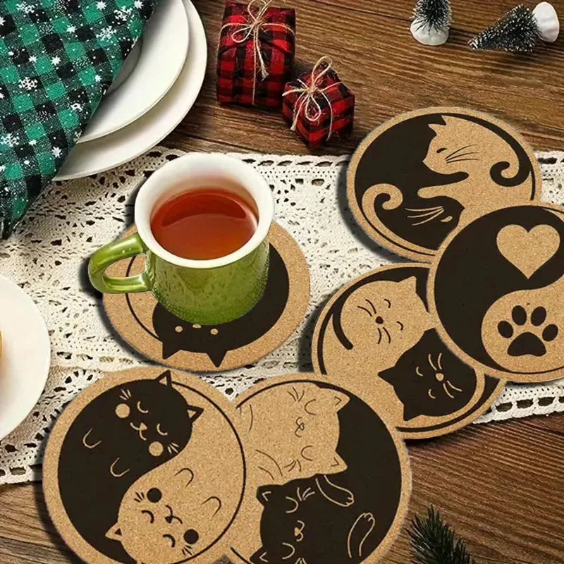 6PCS Cute Yin Yang Cat Anti-Slip Wooden Coaster Set
