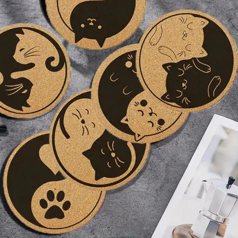 6PCS Cute Yin Yang Cat Anti-Slip Wooden Coaster Set