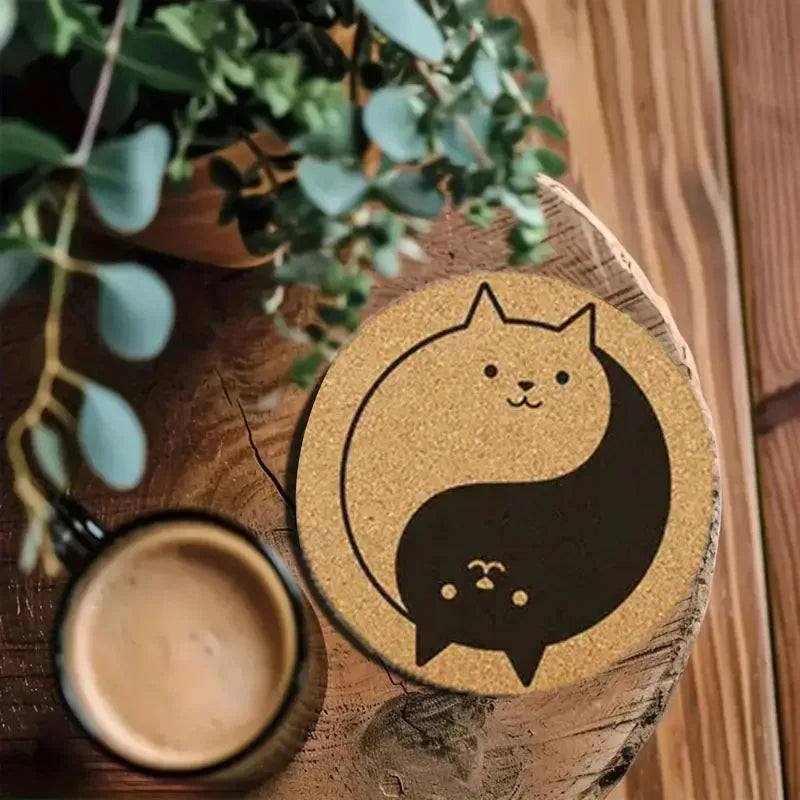 6PCS Cute Yin Yang Cat Anti-Slip Wooden Coaster Set