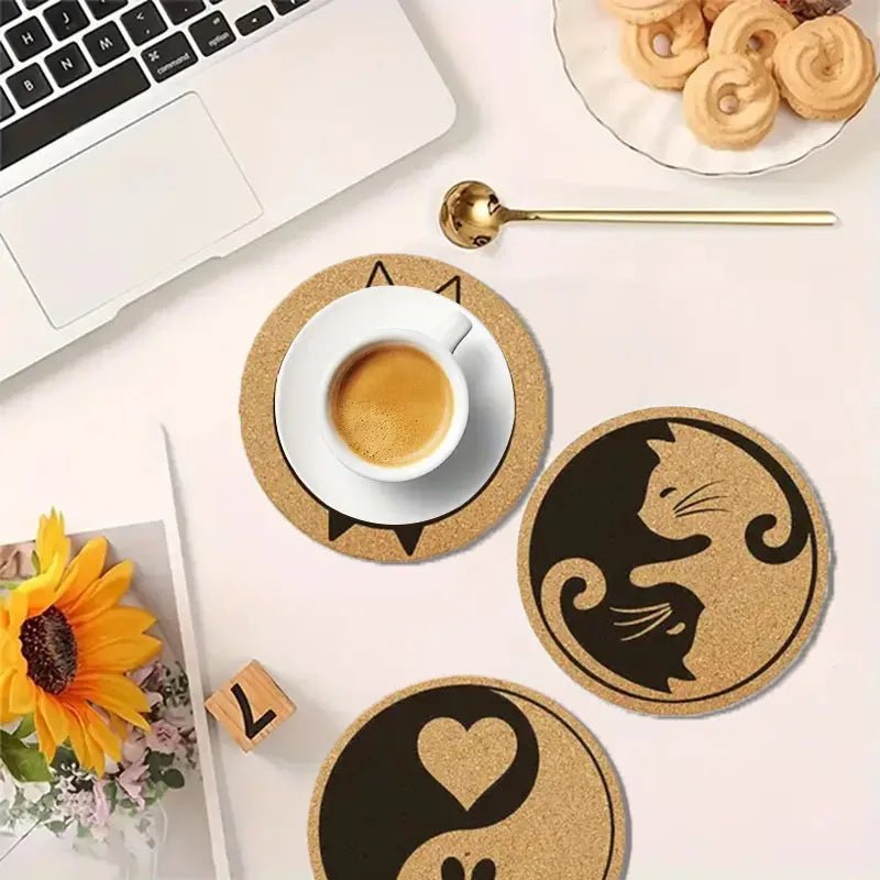 6PCS Cute Yin Yang Cat Anti-Slip Wooden Coaster Set