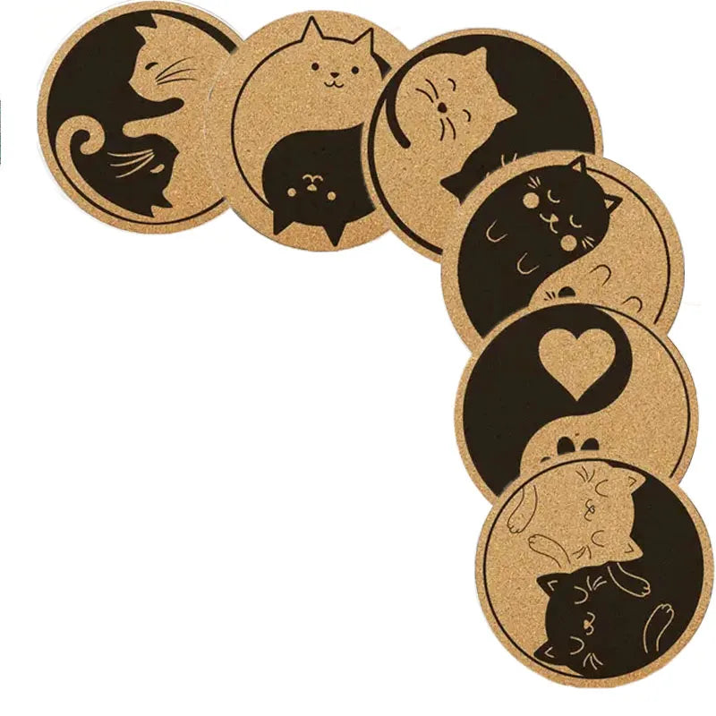6PCS Cute Yin Yang Cat Anti-Slip Wooden Coaster Set