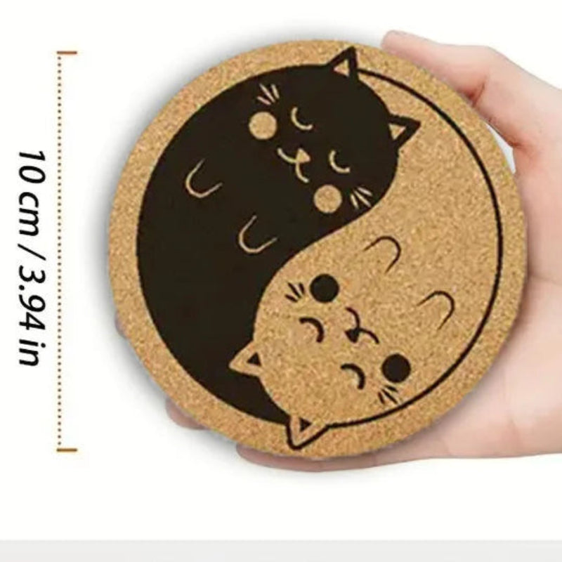 6PCS Cute Yin Yang Cat Anti-Slip Wooden Coaster Set