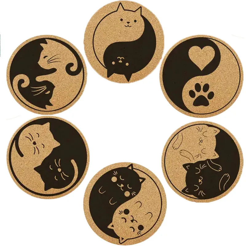 6PCS Cute Yin Yang Cat Anti-Slip Wooden Coaster Set