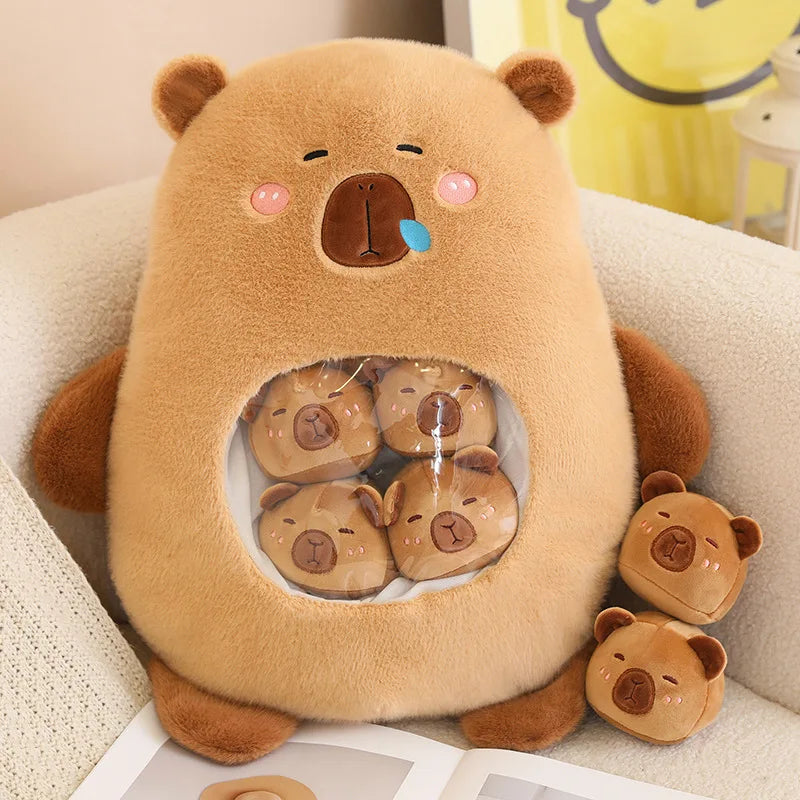 Adorable Capybara Squishy Plush Pillow with 6 Mini Plushies