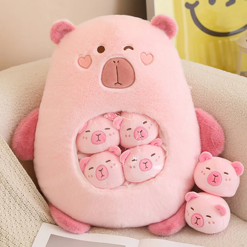 Adorable Capybara Squishy Plush Pillow with 6 Mini Plushies