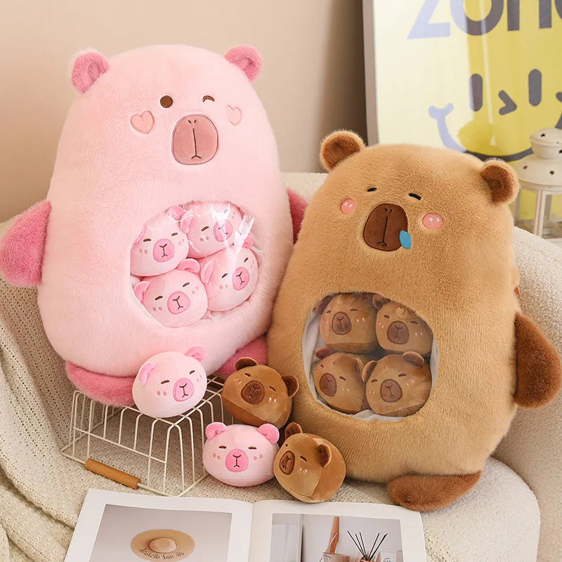 Adorable Capybara Squishy Plush Pillow with 6 Mini Plushies