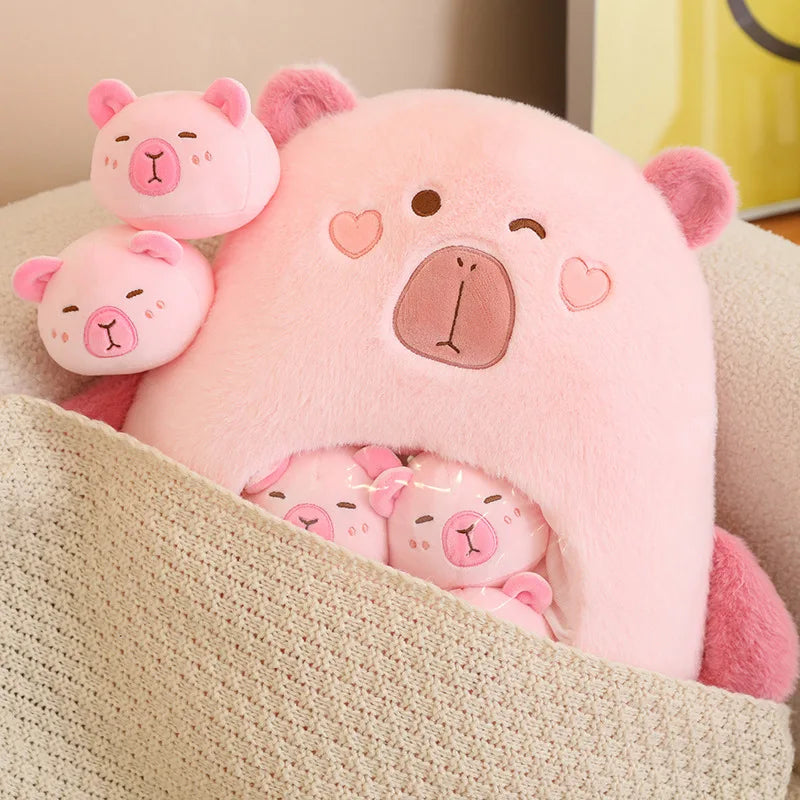 Adorable Capybara Squishy Plush Pillow with 6 Mini Plushies