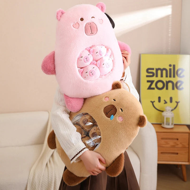 Adorable Capybara Squishy Plush Pillow with 6 Mini Plushies