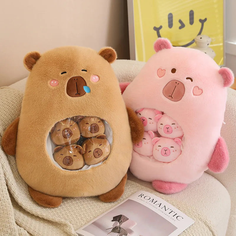 Adorable Capybara Squishy Plush Pillow with 6 Mini Plushies