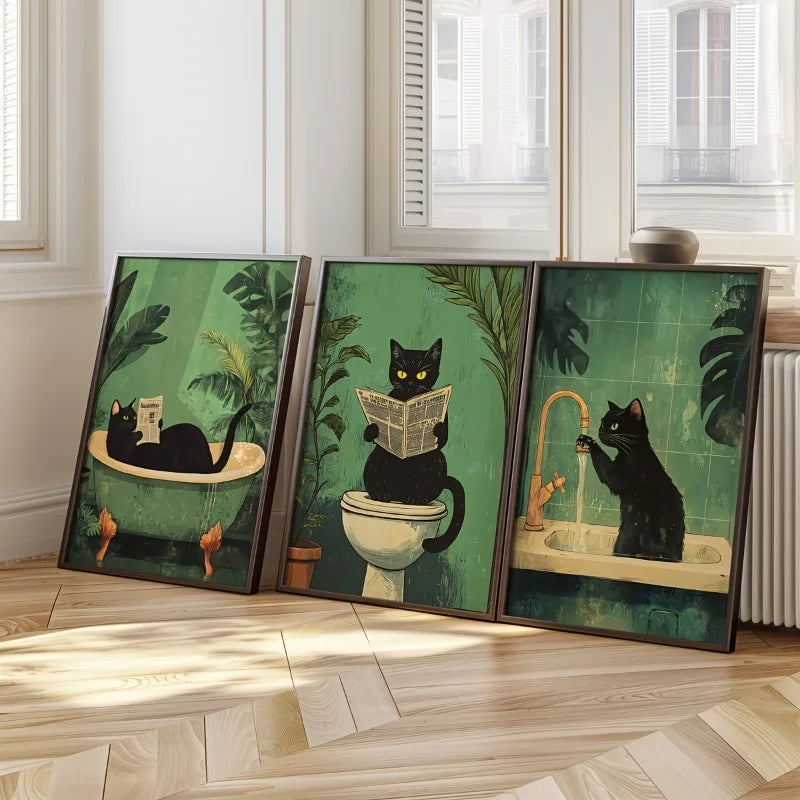 Black Cat Vintage Wall Art Canvas Print Posters - Set of 3