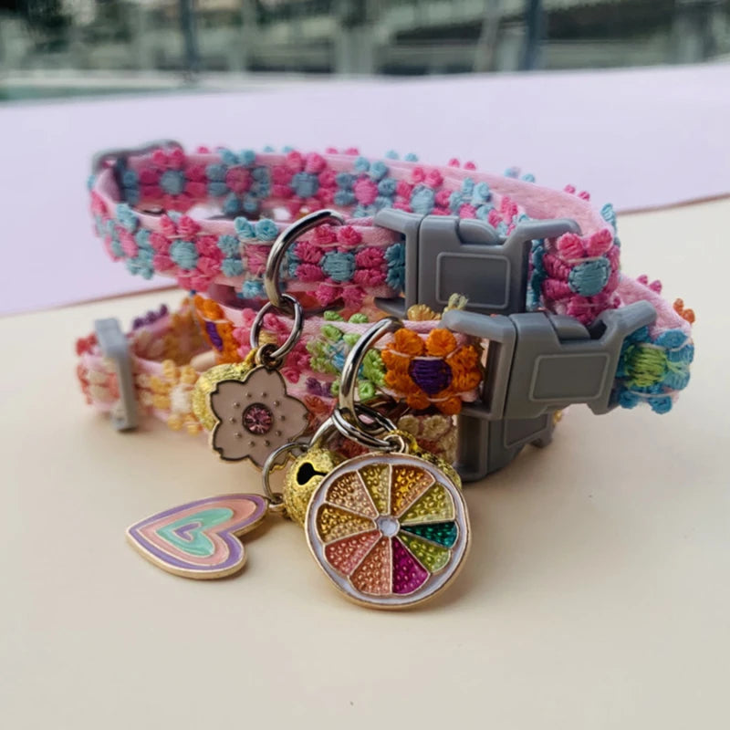 Colorful Floral Lace Pet Collar with Charm & Bell