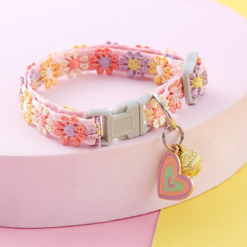 Colorful Floral Lace Pet Collar with Charm & Bell