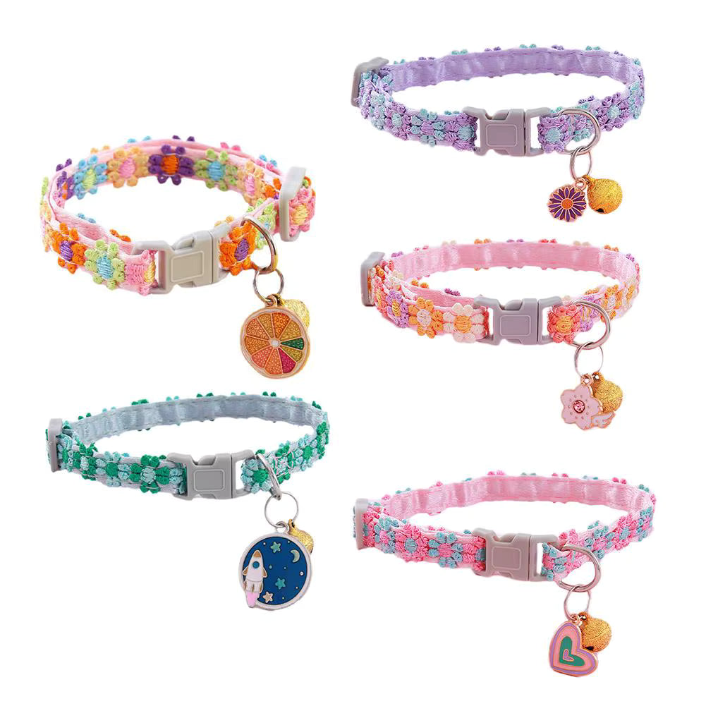 Colorful Floral Lace Pet Collar with Charm & Bell