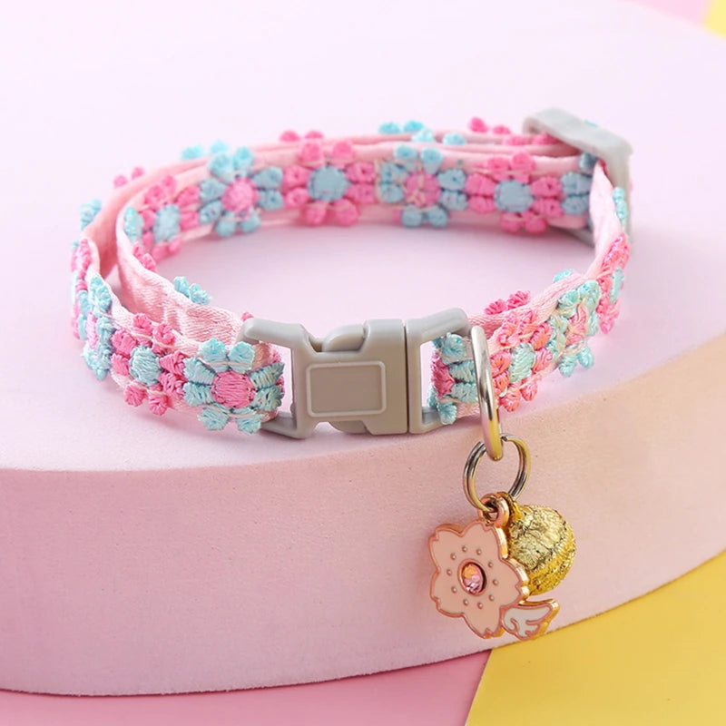 Colorful Floral Lace Pet Collar with Charm & Bell