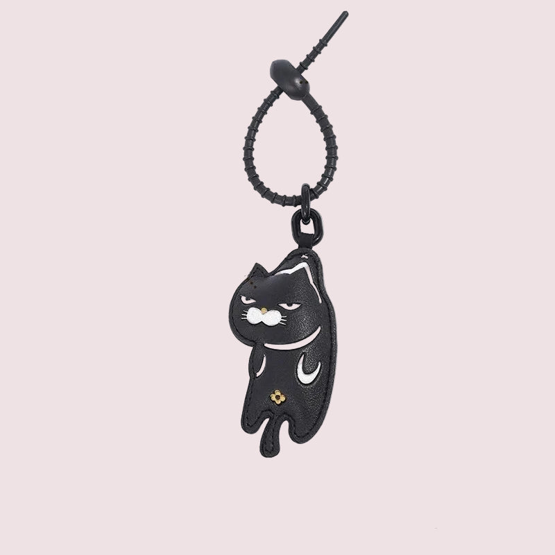 Cool Black Slacker Cat Leather Keychain