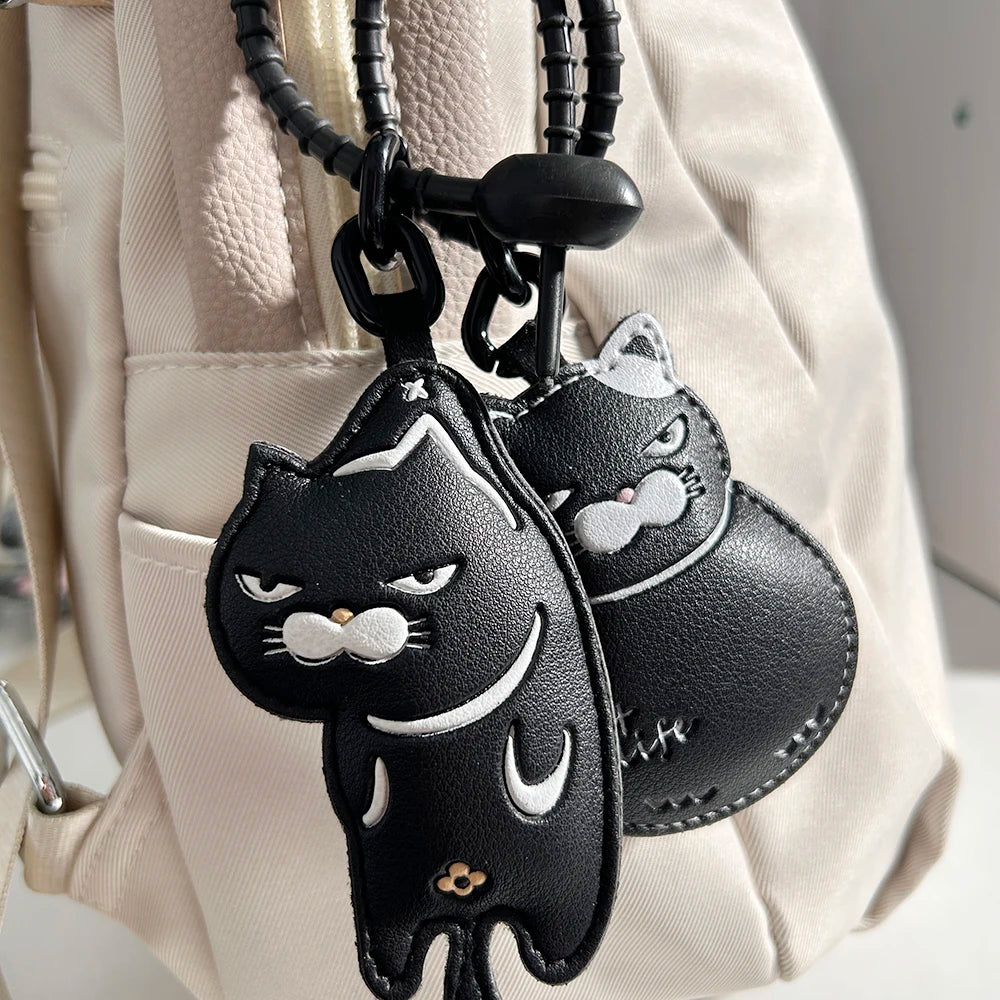 Cool Black Slacker Cat Leather Keychain
