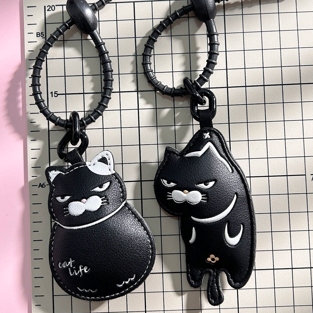 Cool Black Slacker Cat Leather Keychain