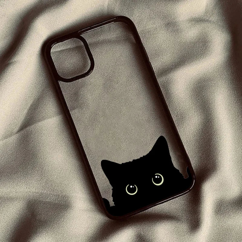 Cute Minimalist Black Cat Hard Clear Phone Case For iPhone
