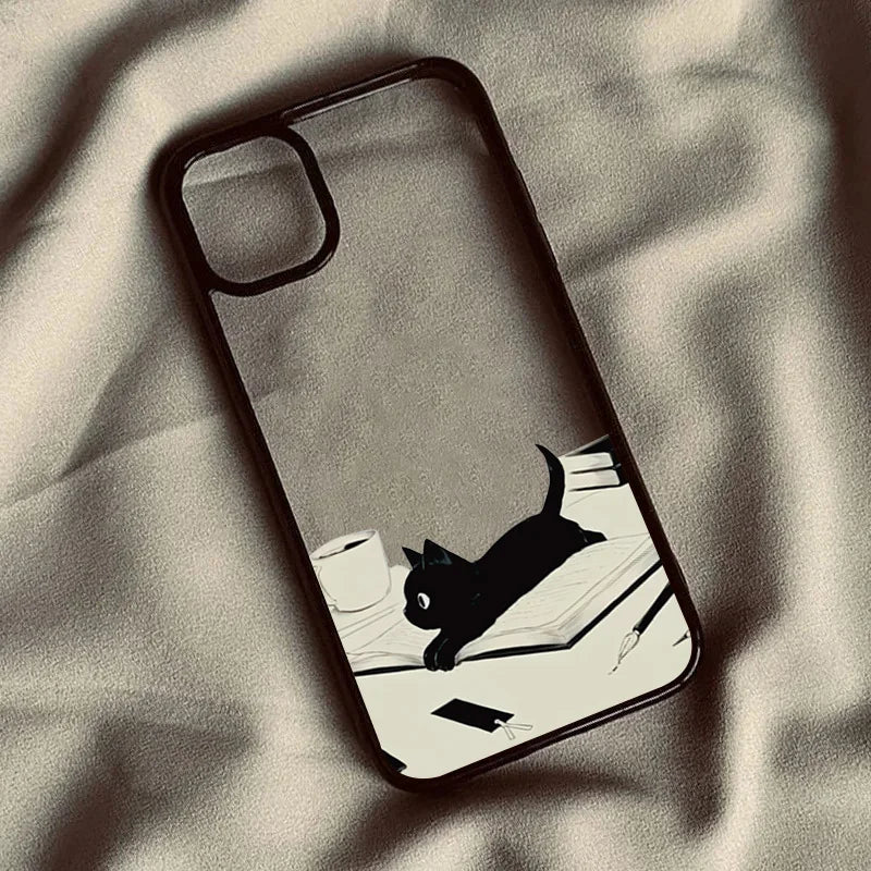 Cute Minimalist Black Cat Hard Clear Phone Case For iPhone