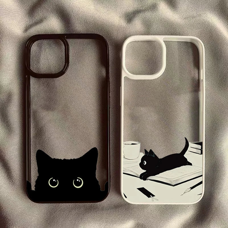 Cute Minimalist Black Cat Hard Clear Phone Case For iPhone