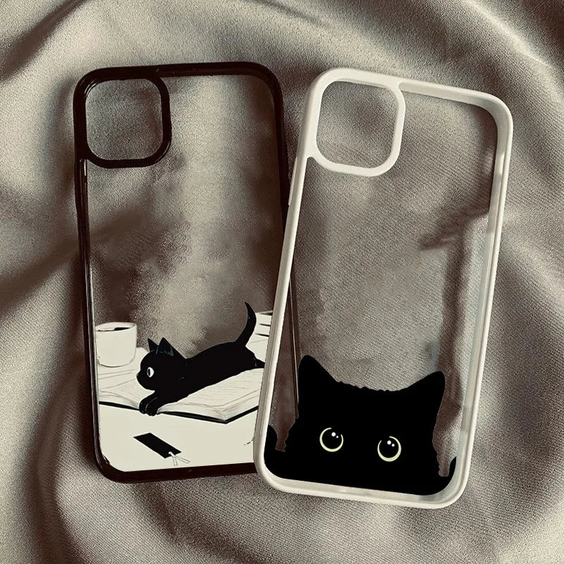 Cute Minimalist Black Cat Hard Clear Phone Case For iPhone
