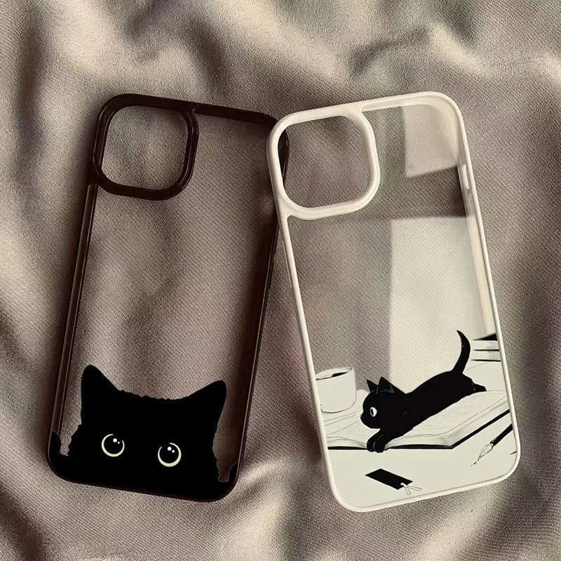 Cute Minimalist Black Cat Hard Clear Phone Case For iPhone