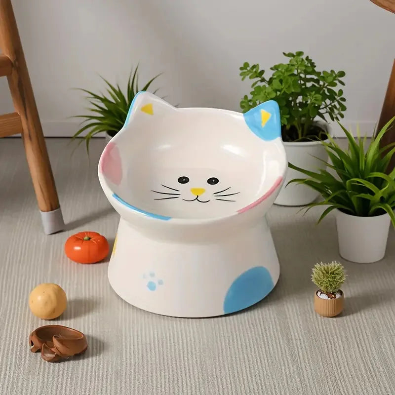 Cute Raised Whisker-Friendly Ceramic Cat Feeding Bowl