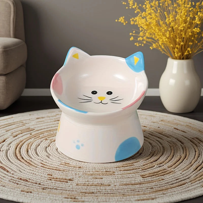 Cute Raised Whisker-Friendly Ceramic Cat Feeding Bowl