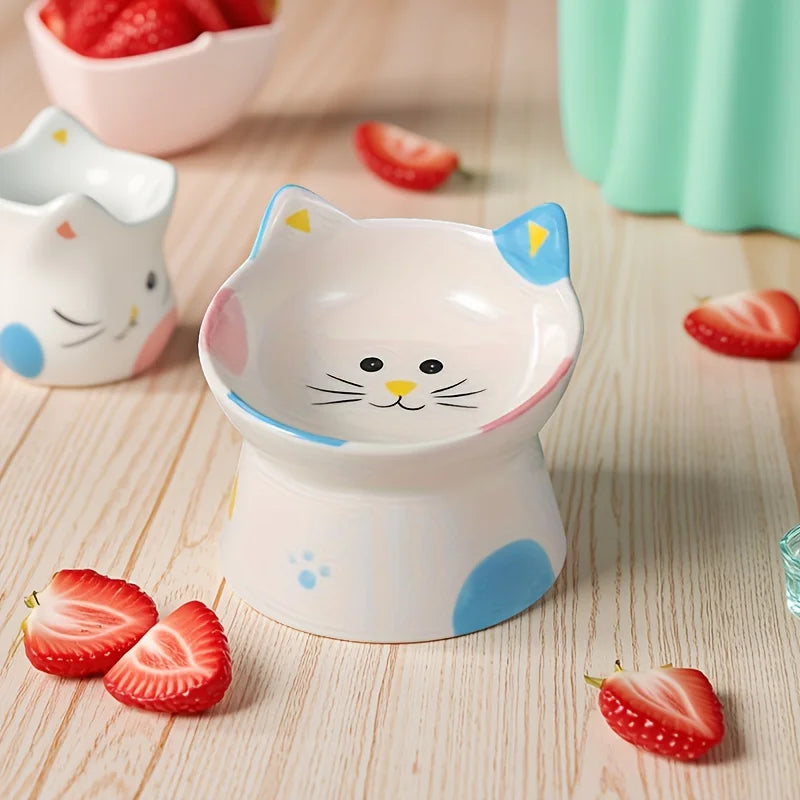 Cute Raised Whisker-Friendly Ceramic Cat Feeding Bowl