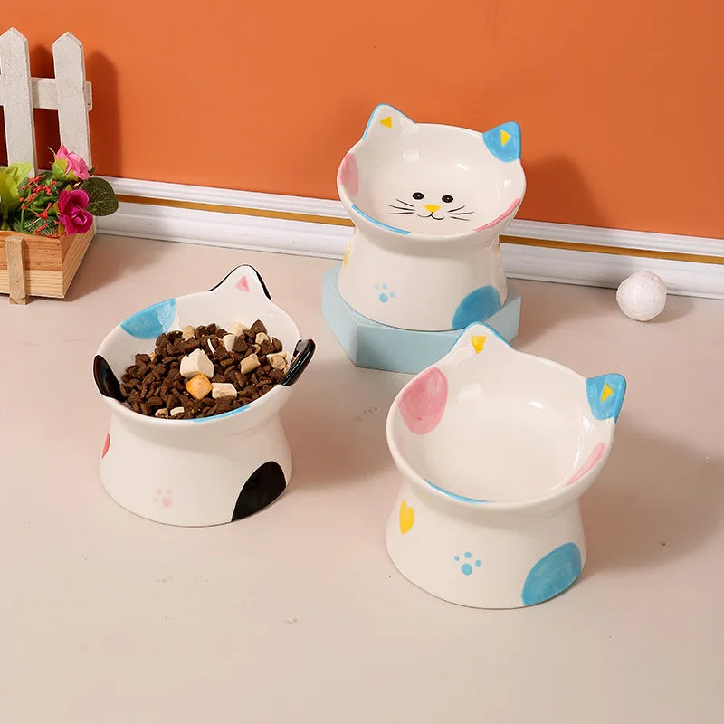 Cute Raised Whisker-Friendly Ceramic Cat Feeding Bowl